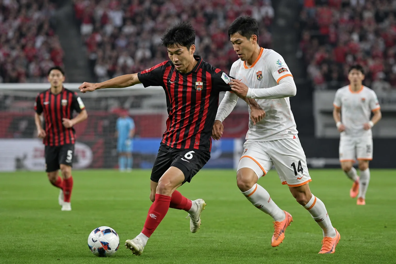 프로축구 경기장에서 서울과 강원이 중원 싸움을 벌이는 이미지