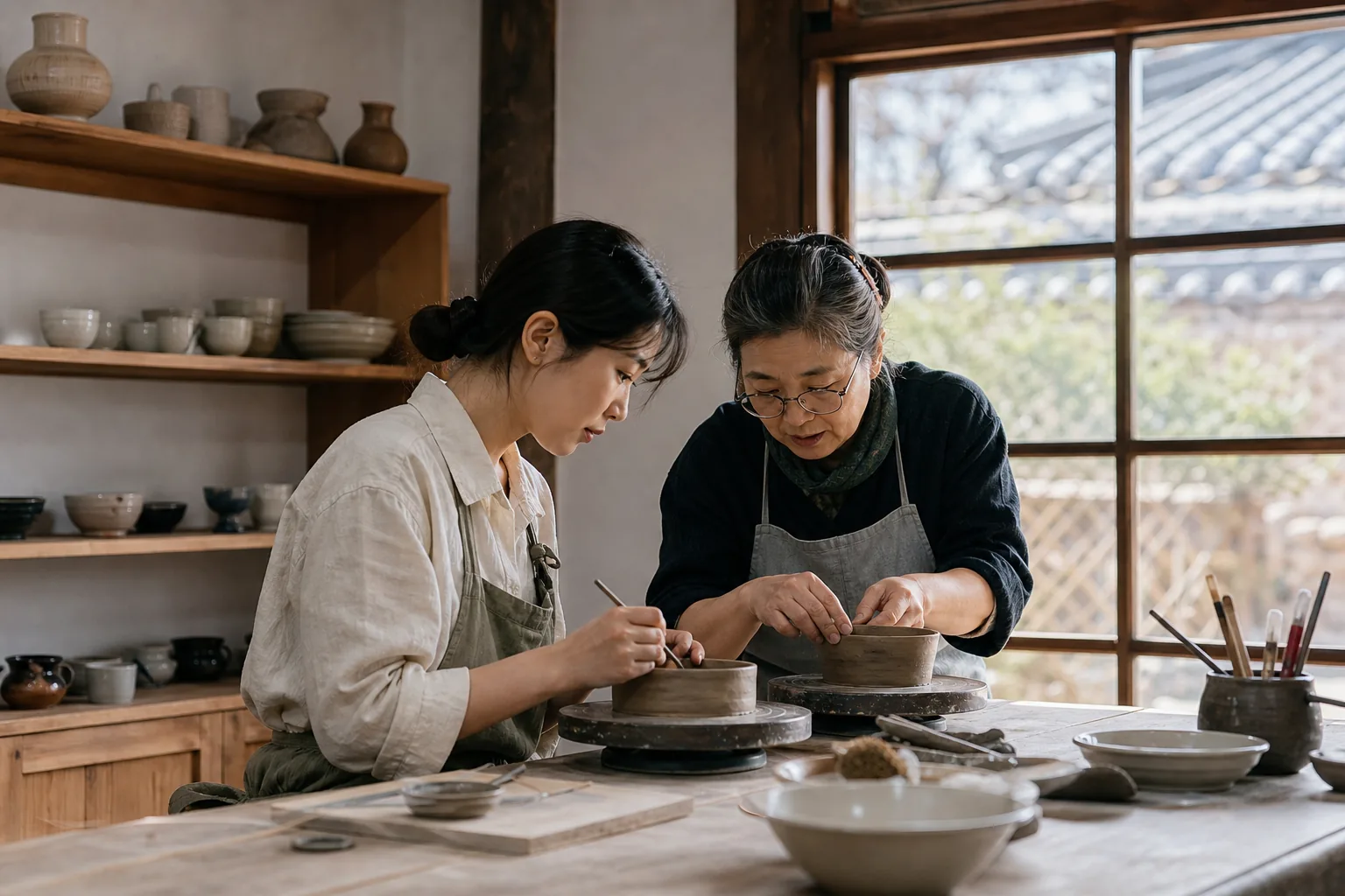 부여 공예마을에서 여행객이 공예를 배우는 이미지
