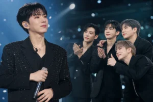 몬스타엑스 멤버들이 기현 솔로 무대를 응원하는 장면을 표현한 이미지