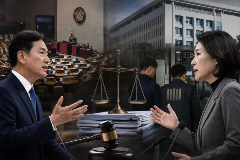 국회에서 수사권 견제 논쟁이 벌어지는 모습을 표현한 이미지