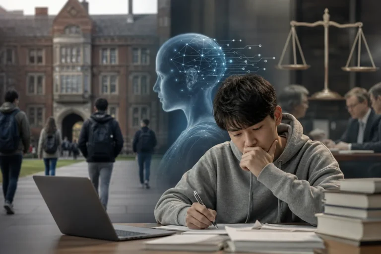 대학 강의실과 생성형 AI 부정행위 논쟁을 표현한 이미지