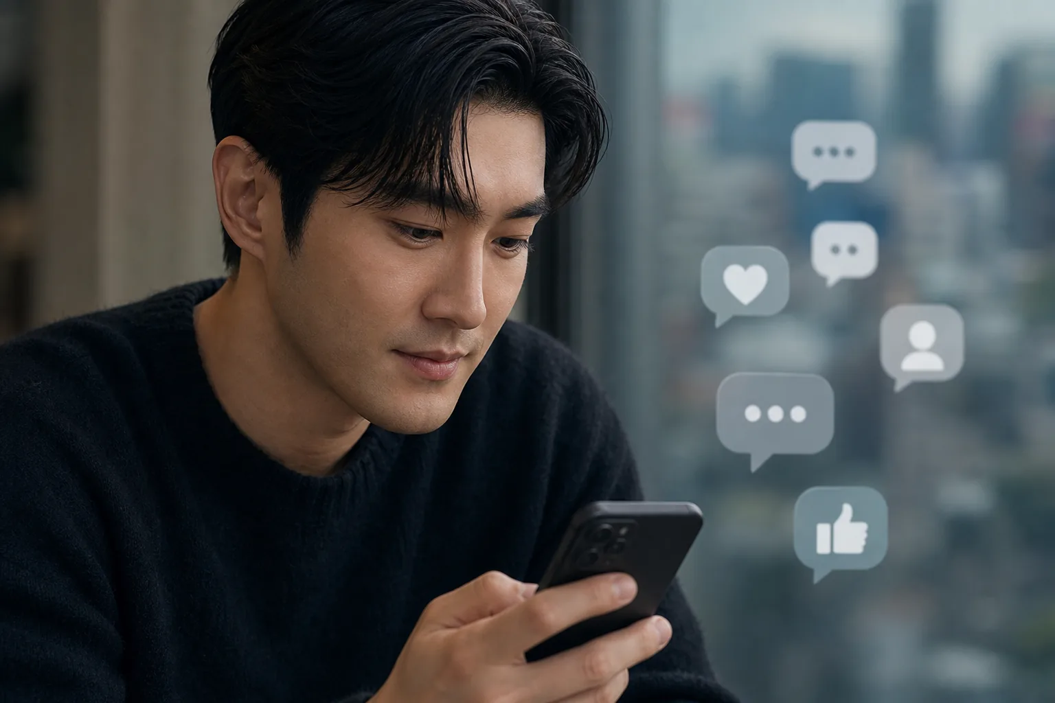 연예인이 새 SNS 채널로 팬들과 소통하는 모습을 표현한 이미지