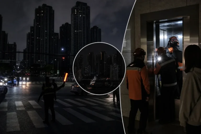 도심 정전과 긴급 복구 상황을 보여주는 이미지