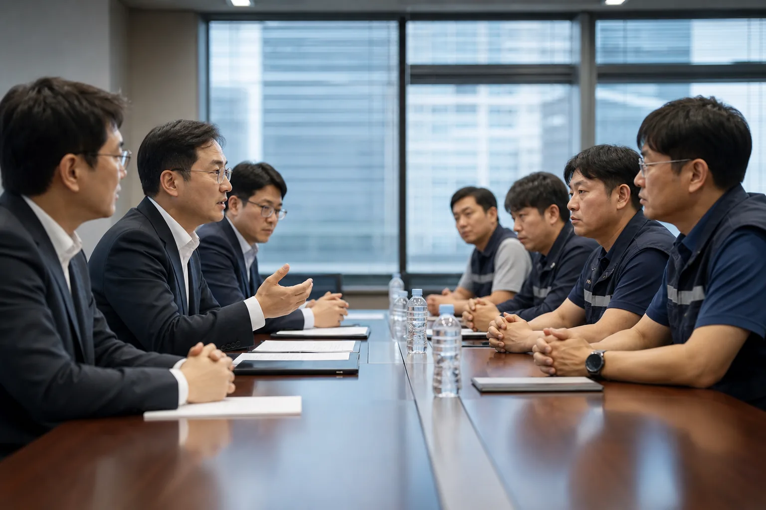 노사 교섭 테이블과 반도체 산업 이슈를 표현한 이미지