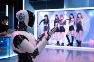 K콘텐츠와 휴머노이드 로봇이 결합된 엔터테크 무대 이미지