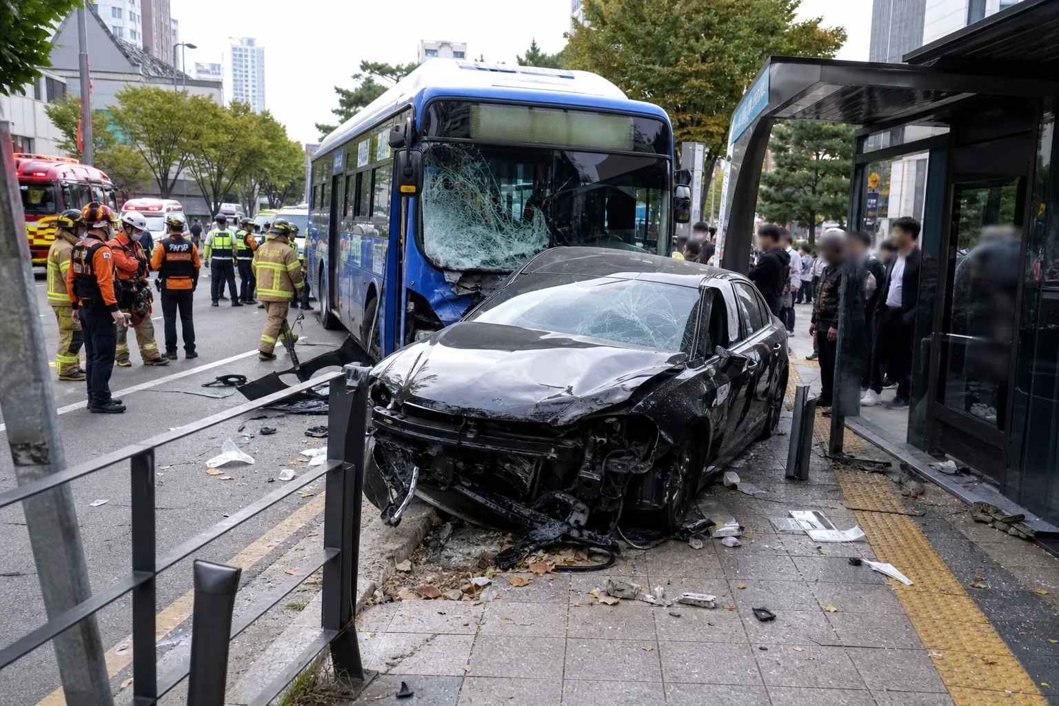 경찰과 구급대가 도심 사고 현장을 통제하는 장면