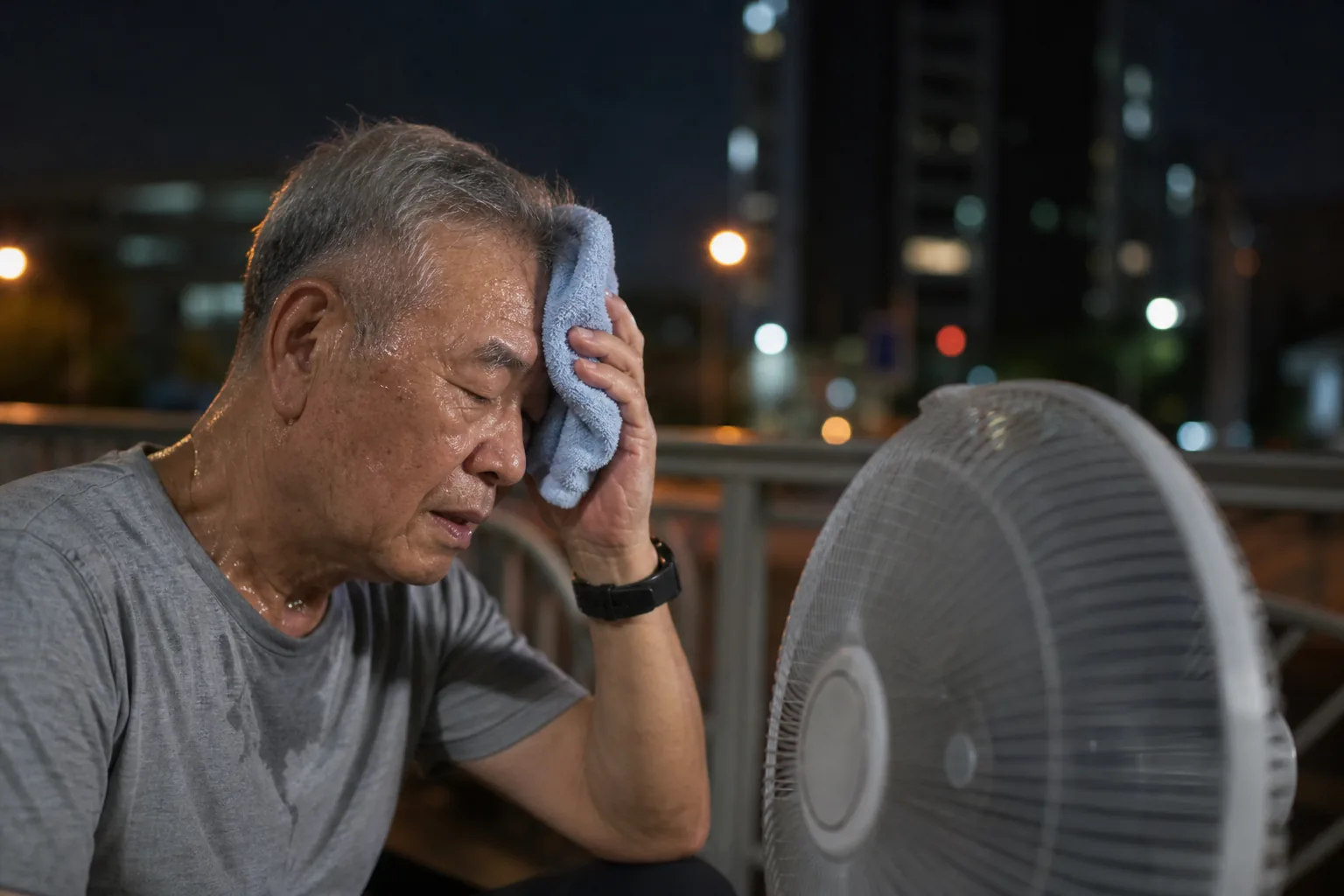 무더운 날씨에 물을 마시며 휴식하는 시민 이미지