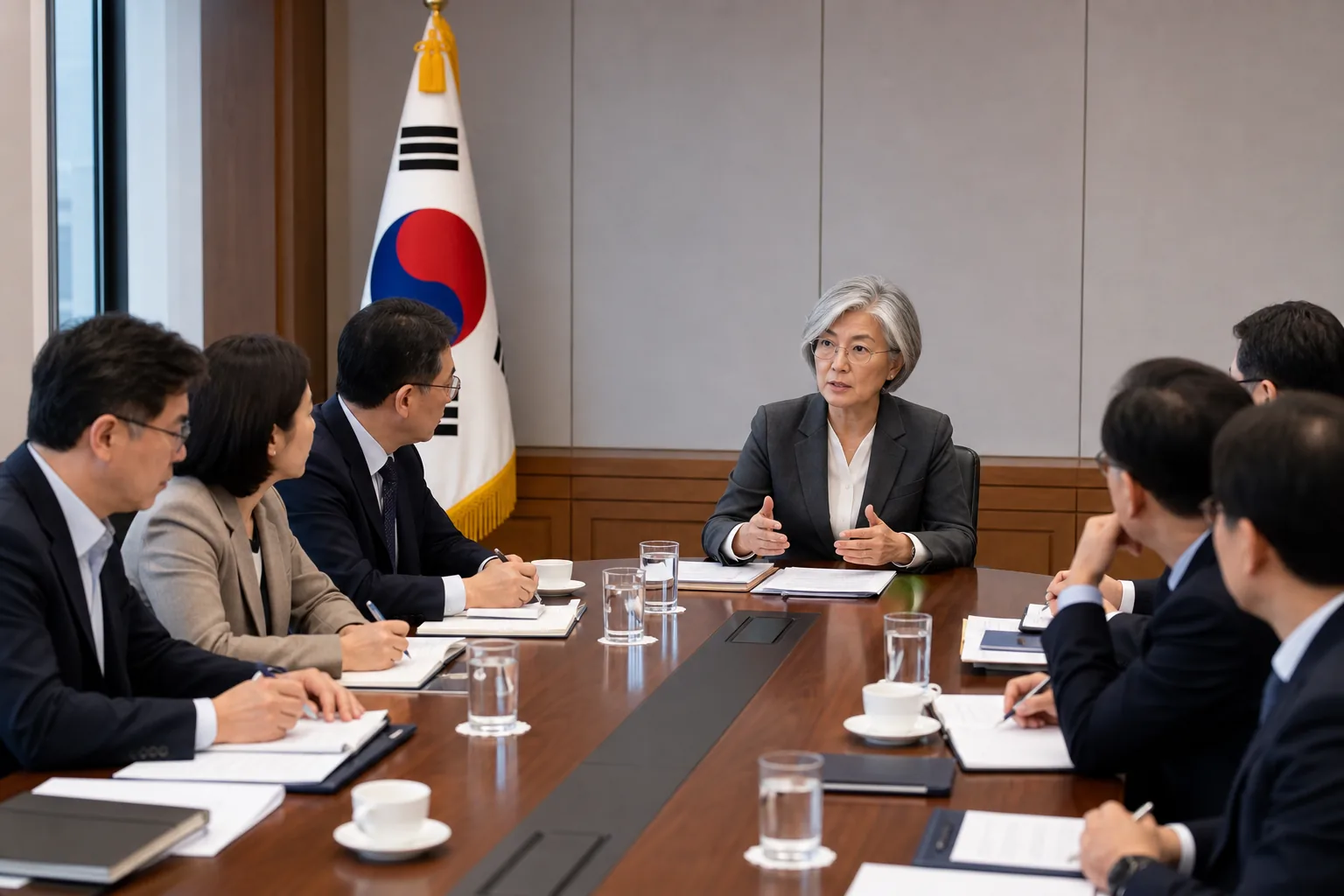 외교 현안 자료를 놓고 부처 관계자들이 협의하는 모습