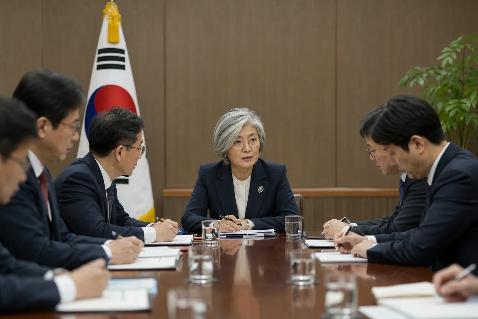 한국과 미국 국기가 놓인 외교 회의실에서 전략 논의를 하는 모습