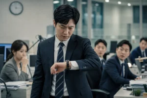 점심시간 지연과 조기퇴근 논란을 표현한 사무실 이미지