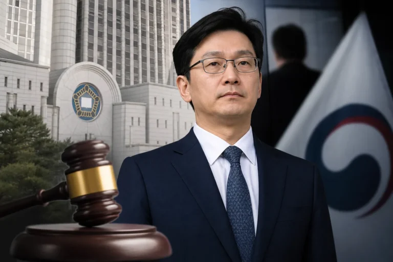 법원과 대형 유통 플랫폼 본사를 상징하는 사회 뉴스 이미지