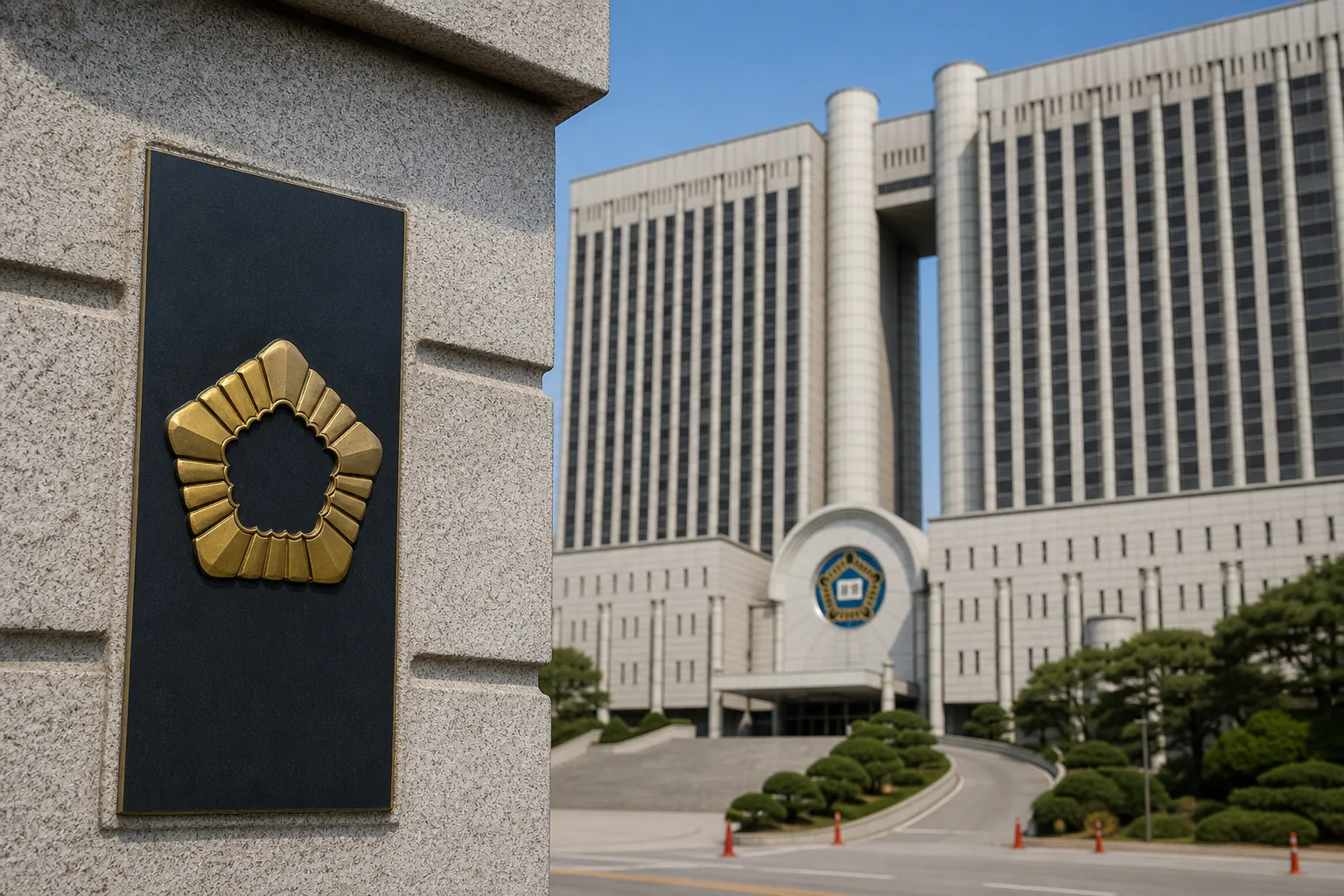 법원 서류와 기업 지배구조 자료를 검토하는 장면