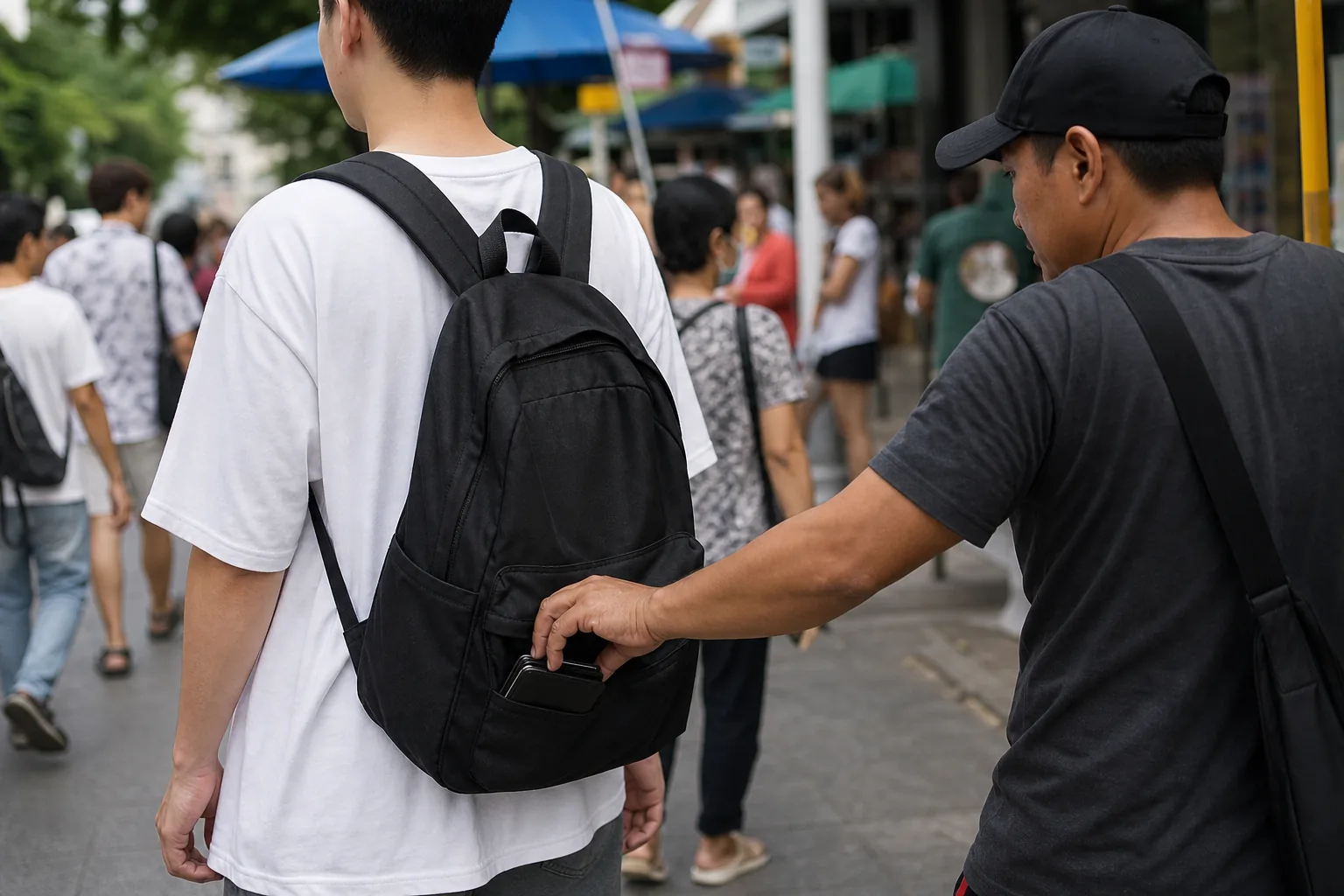 관광지 거리에서 스마트폰 촬영과 온라인 영상 확산을 표현한 이미지