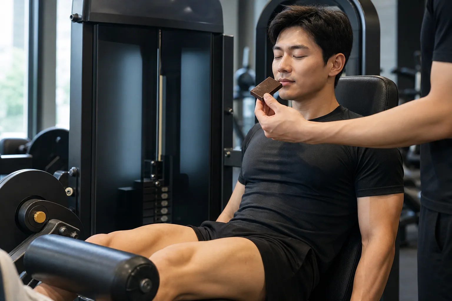 운동 전 초콜릿 향을 맡고 레그 익스텐션을 준비하는 장면