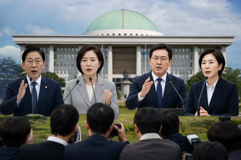 국회와 정치권 메시지 경쟁을 상징하는 회의장 이미지