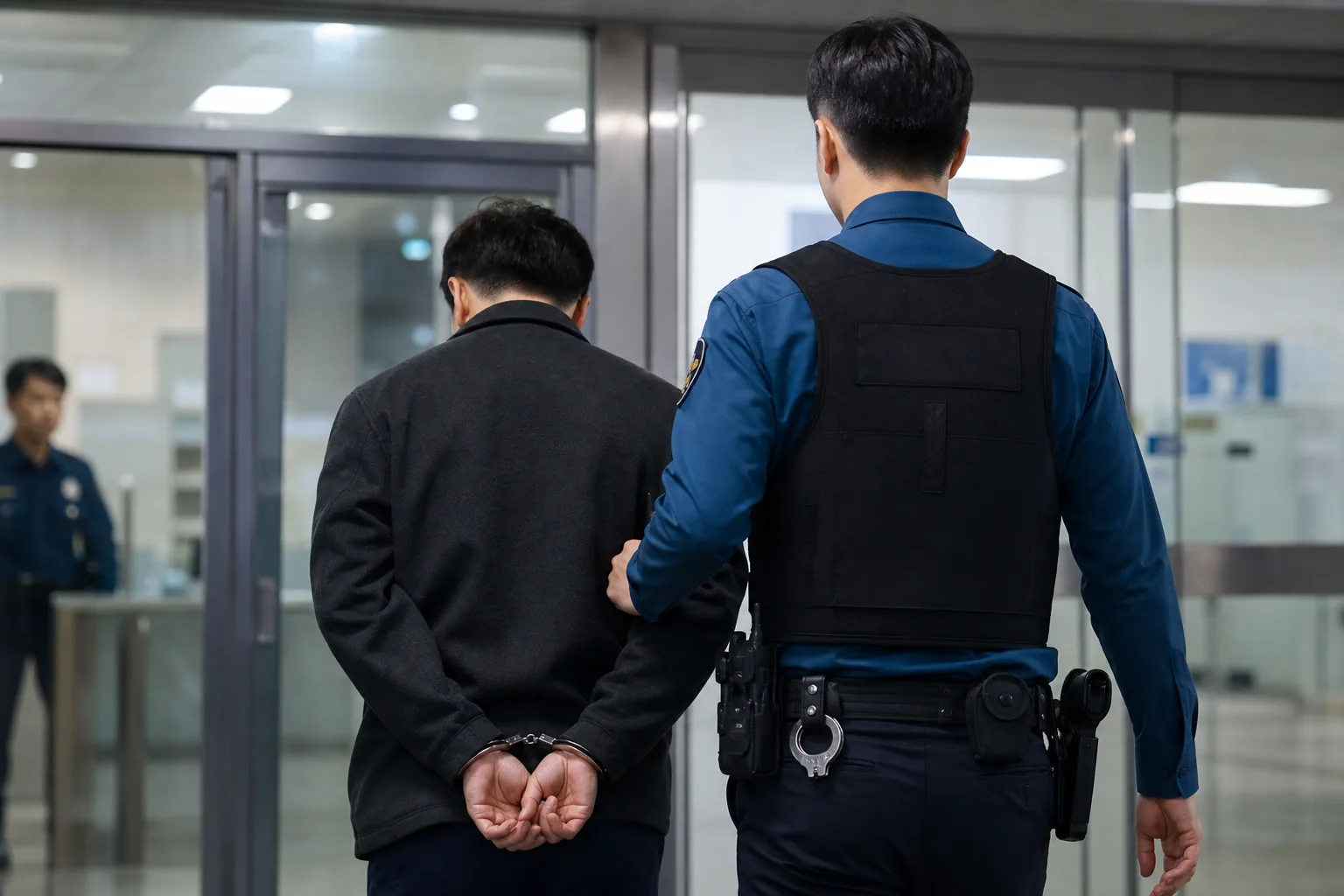 경찰서 조사와 긴급체포 요건 검토를 표현한 이미지