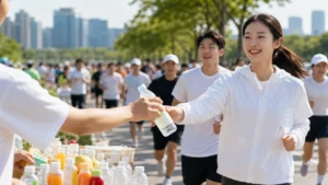러닝 행사에 참여하는 소비자와 식품 브랜드 체험 부스
