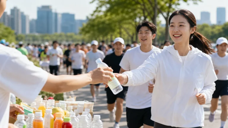 러닝 행사에 참여하는 소비자와 식품 브랜드 체험 부스