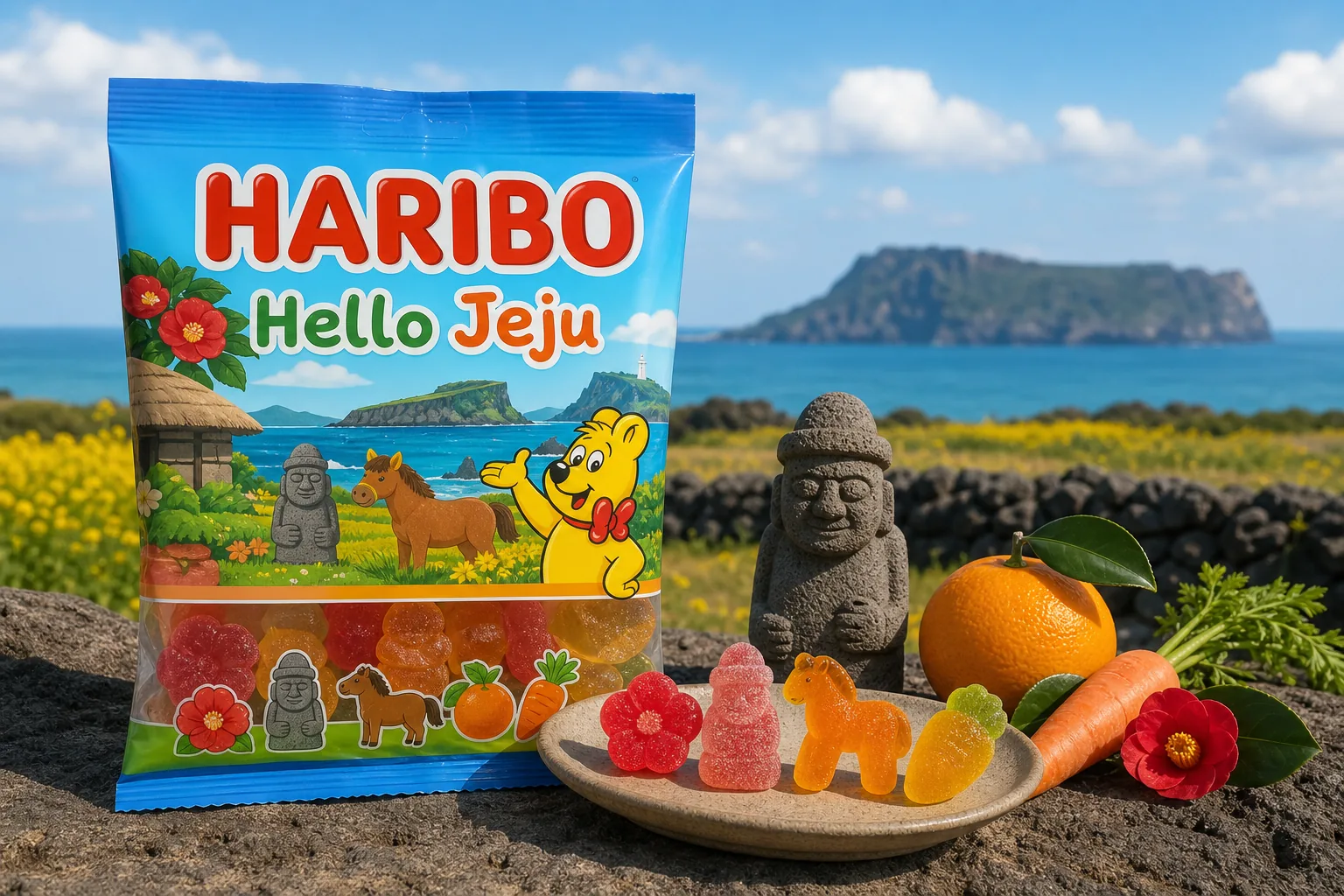 동백꽃 돌하르방 감귤 등 제주 상징을 젤리 콘셉트로 표현한 이미지