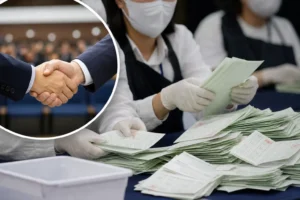 충주시장 선거 재검표 현장의 수개표 절차를 상징하는 이미지