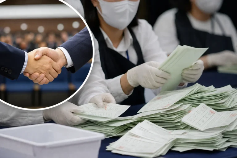 충주시장 선거 재검표 현장의 수개표 절차를 상징하는 이미지