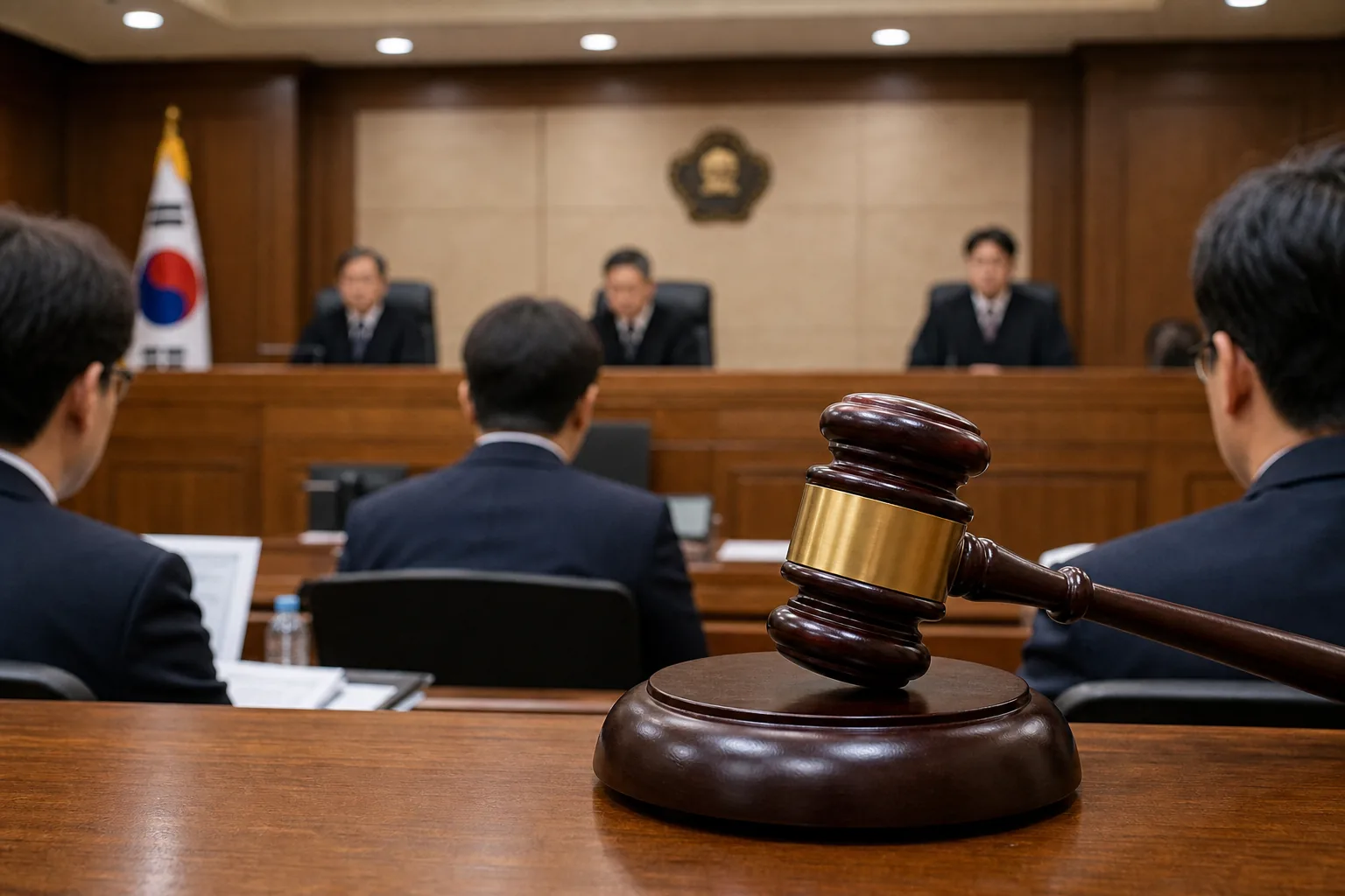법원 심문 절차와 수사 기록을 상징하는 이미지