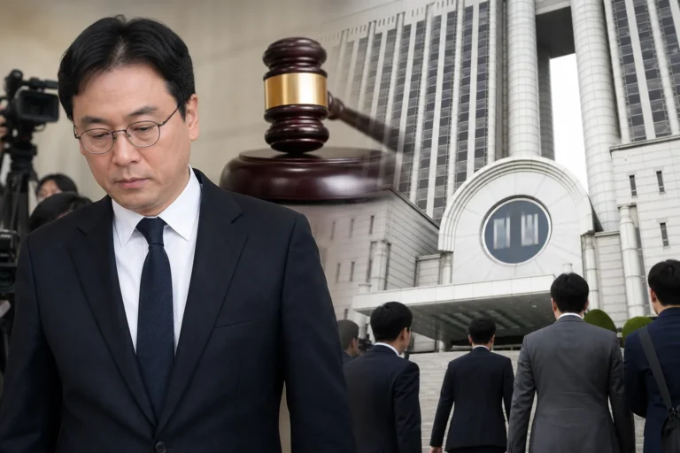 채상병 사건 특검 수사와 법원의 구속영장 기각을 상징하는 이미지