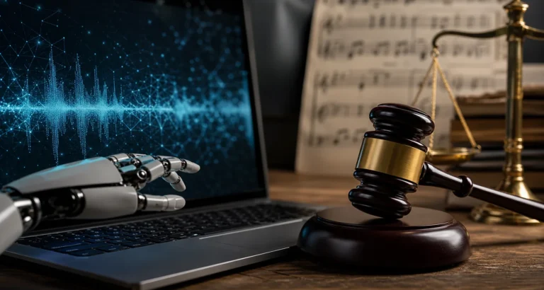 AI 음악 생성과 저작권 논쟁을 상징하는 디지털 스튜디오 이미지
