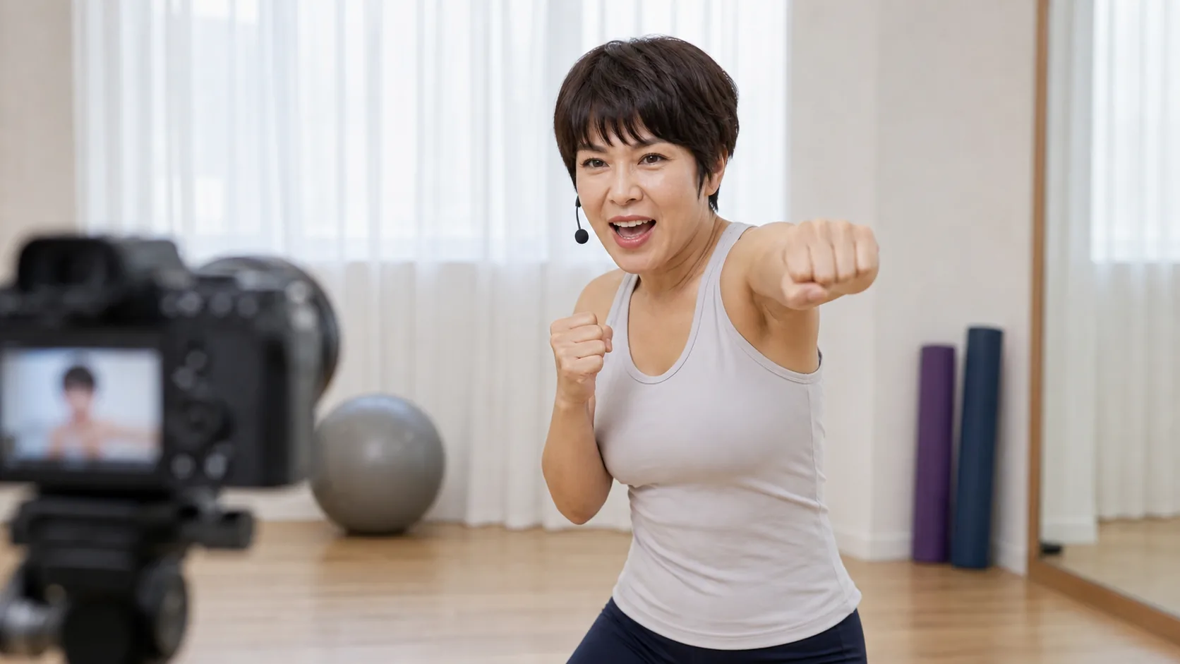 스튜디오에서 운동 영상을 촬영하는 예능형 피트니스 콘텐츠 이미지