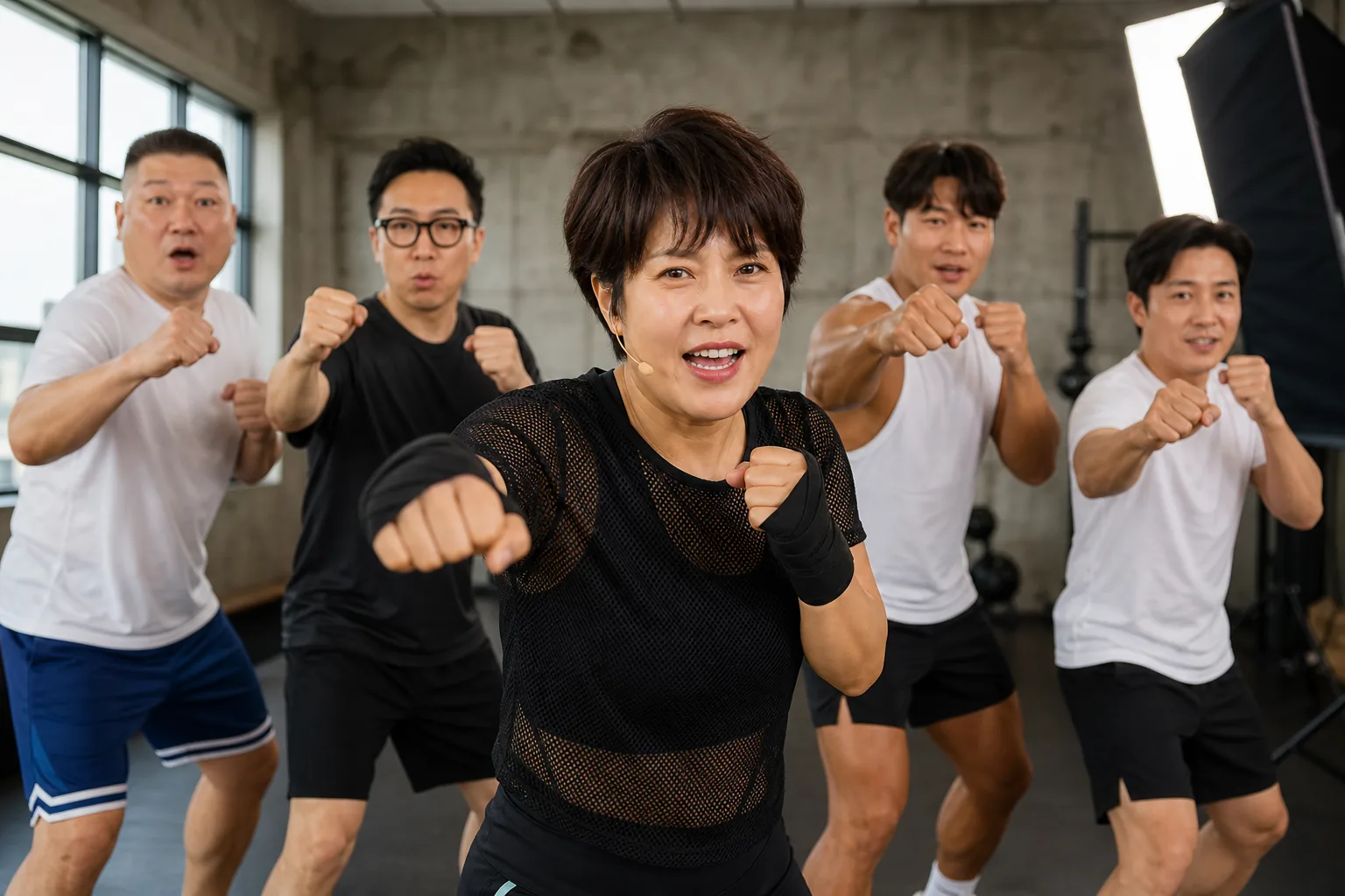 태보 동작과 현대적인 홈트레이닝 콘텐츠를 결합한 이미지