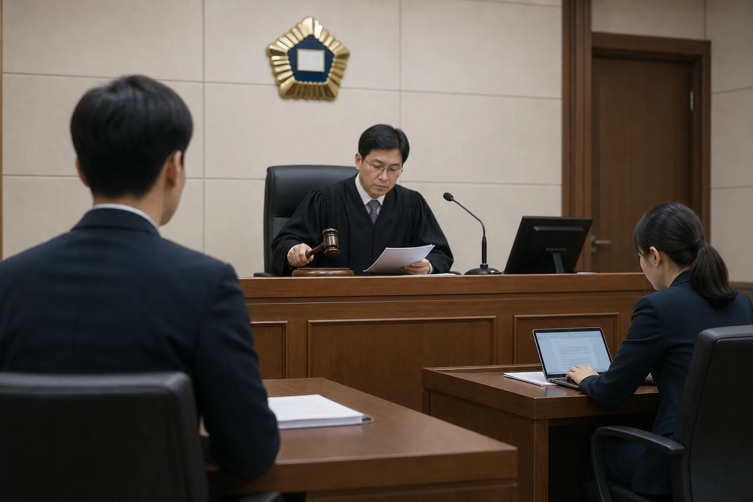 법정에서 임대차 보증금 반환 사건을 신속히 심리하는 민사재판 장면
