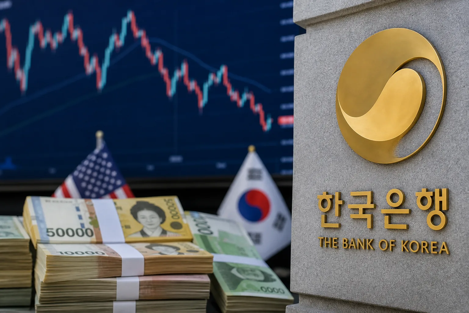 원달러 환율과 한미 금리차 변화를 표현한 금융시장 이미지