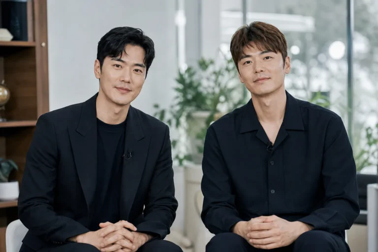 김강우와 기성용의 예능 동반 출연을 상징하는 방송 스튜디오 이미지