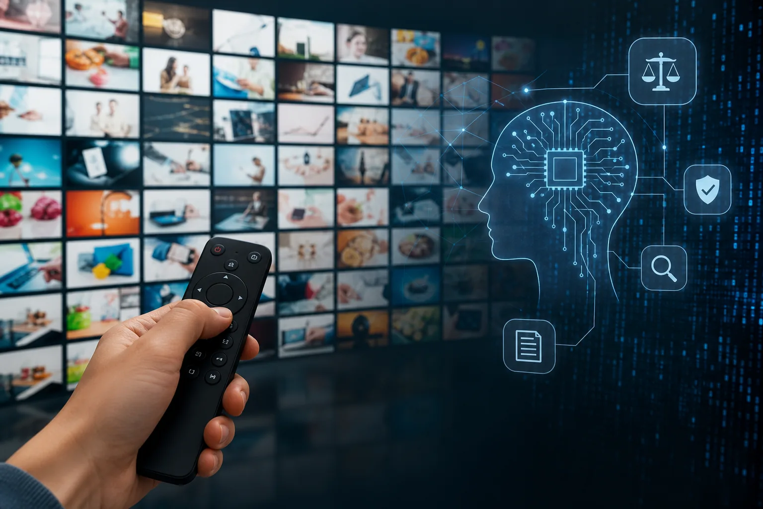 AI 콘텐츠 표시와 추천 알고리즘 투명성을 설명하는 미디어 정책 이미지