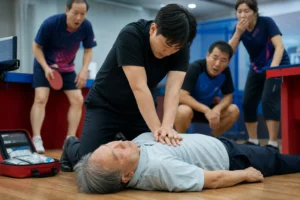 탁구장에서 응급 심폐소생술로 환자를 구조하는 장면