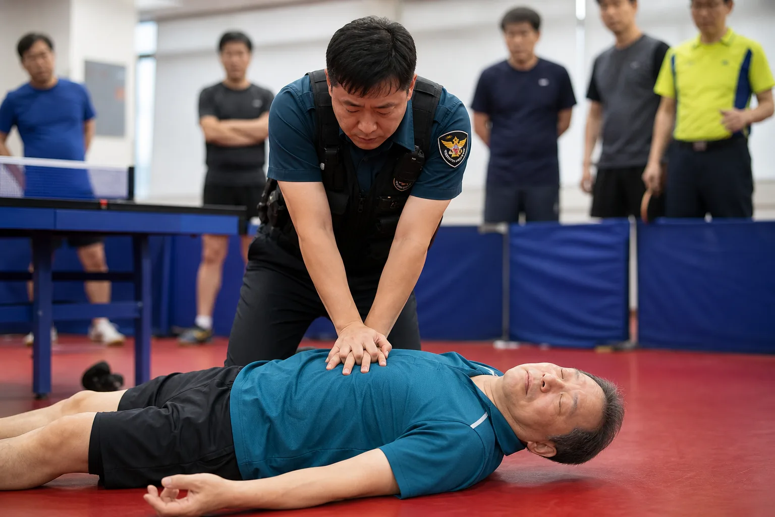 실내 체육시설에서 심폐소생술을 시행하는 구조자