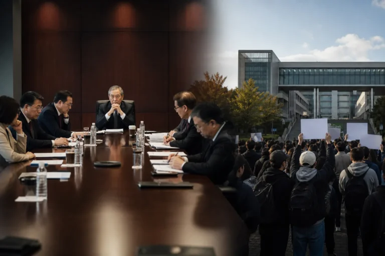 대학 이사회 회의와 학내 갈등을 상징하는 캠퍼스 이미지