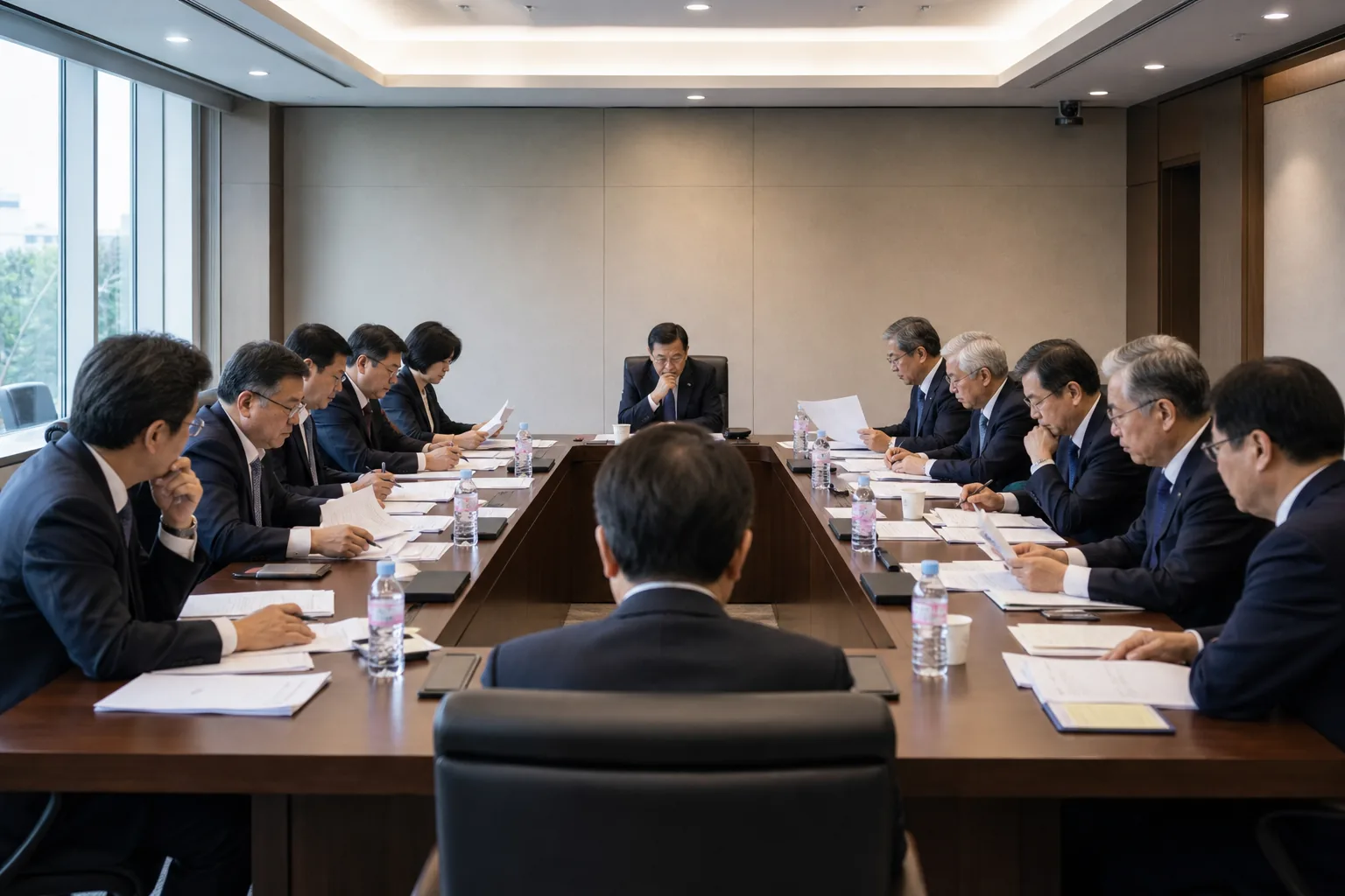 대학 회의실에서 총장 선임 안건을 논의하는 이사회 이미지