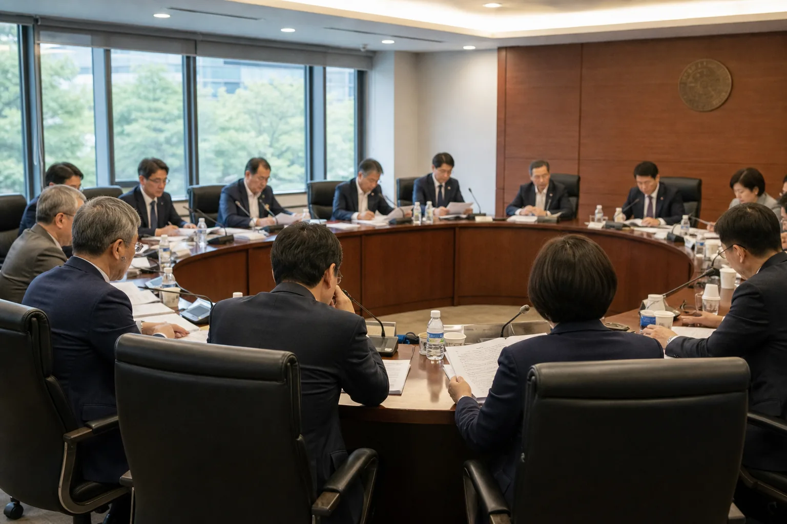 대학 캠퍼스에서 학생과 교수들이 의견을 나누는 장면