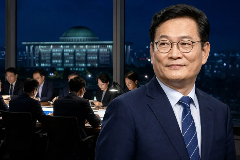 민주당 당대표 선거 후보 자격 논의를 상징하는 회의실