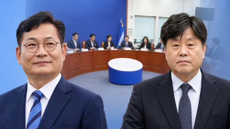 국회 회의실에서 정당 지도부가 전당대회 후보 자격을 논의하는 이미지