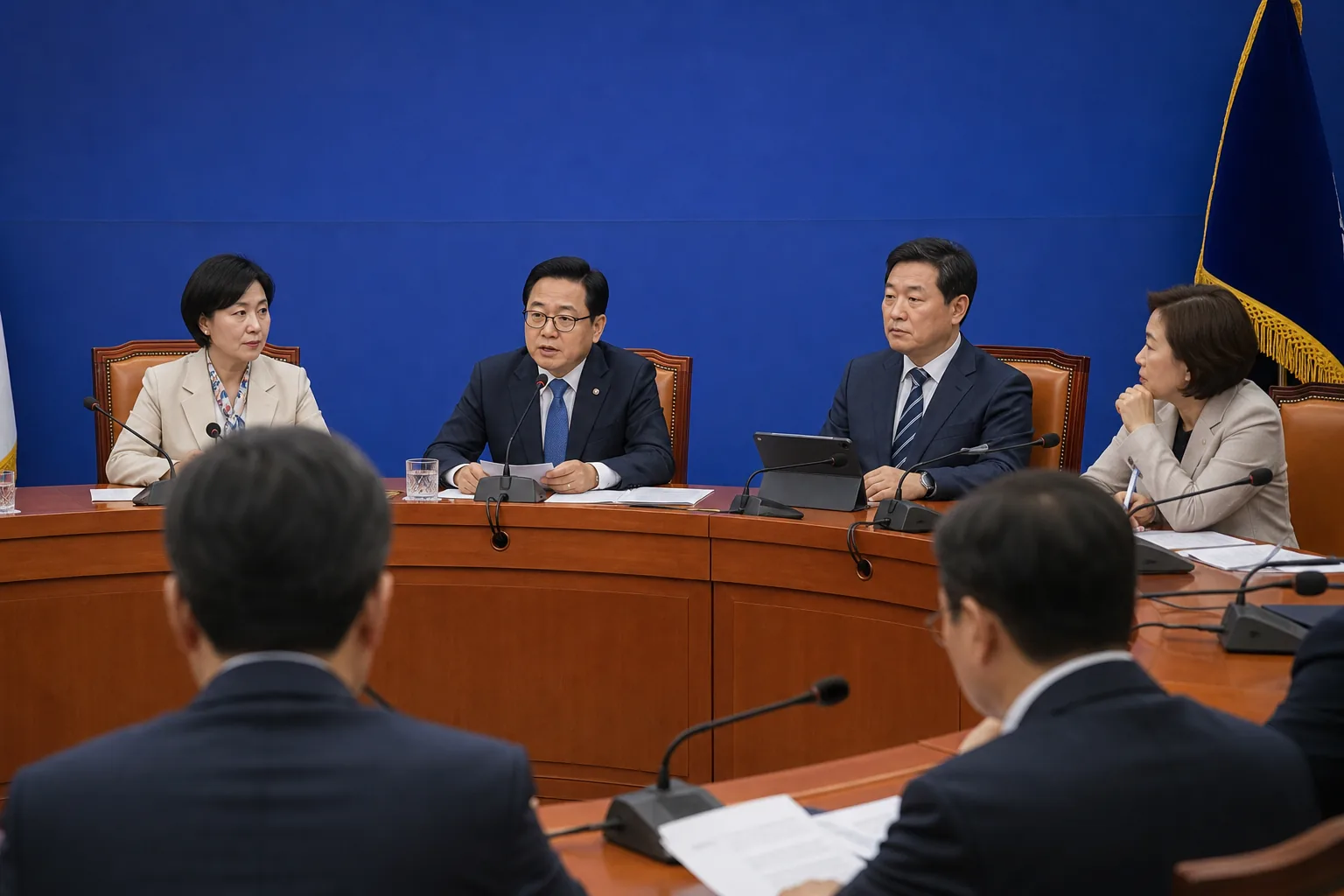 정당 전당대회와 계파 갈등을 상징하는 회의장 이미지