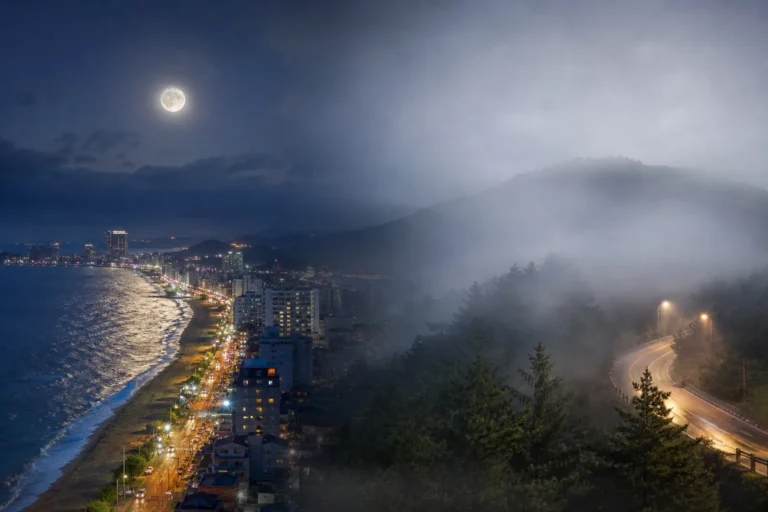 무더운 여름 아침 강릉 해변과 흐린 하늘 이미지