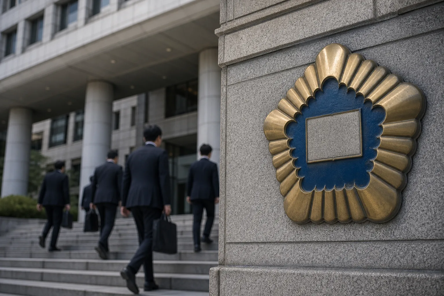 법원 청사 앞 취재진과 수사 자료를 든 관계자들