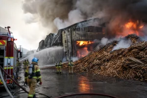 목재 가공공장 화재 현장에서 진화 작업을 준비하는 소방대