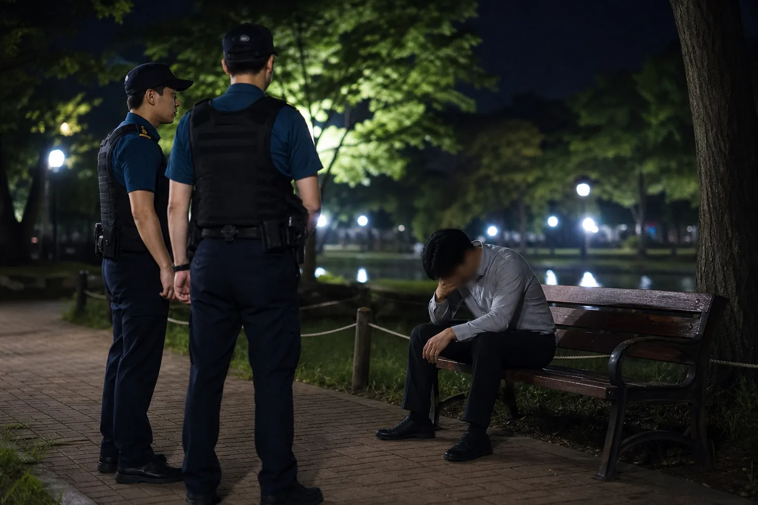 야간 공원 순찰과 신고 출동을 상징하는 이미지