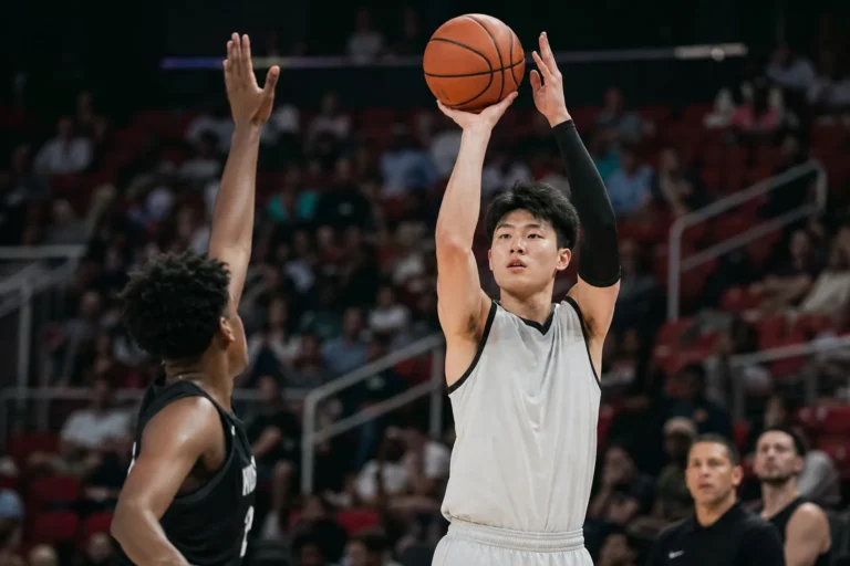 NBA 서머리그 무대에서 3점슛을 던지는 한국 농구 선수 이미지