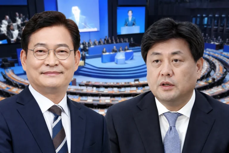 국회 회의실에서 전당대회 후보 자격을 논의하는 정당 지도부 이미지