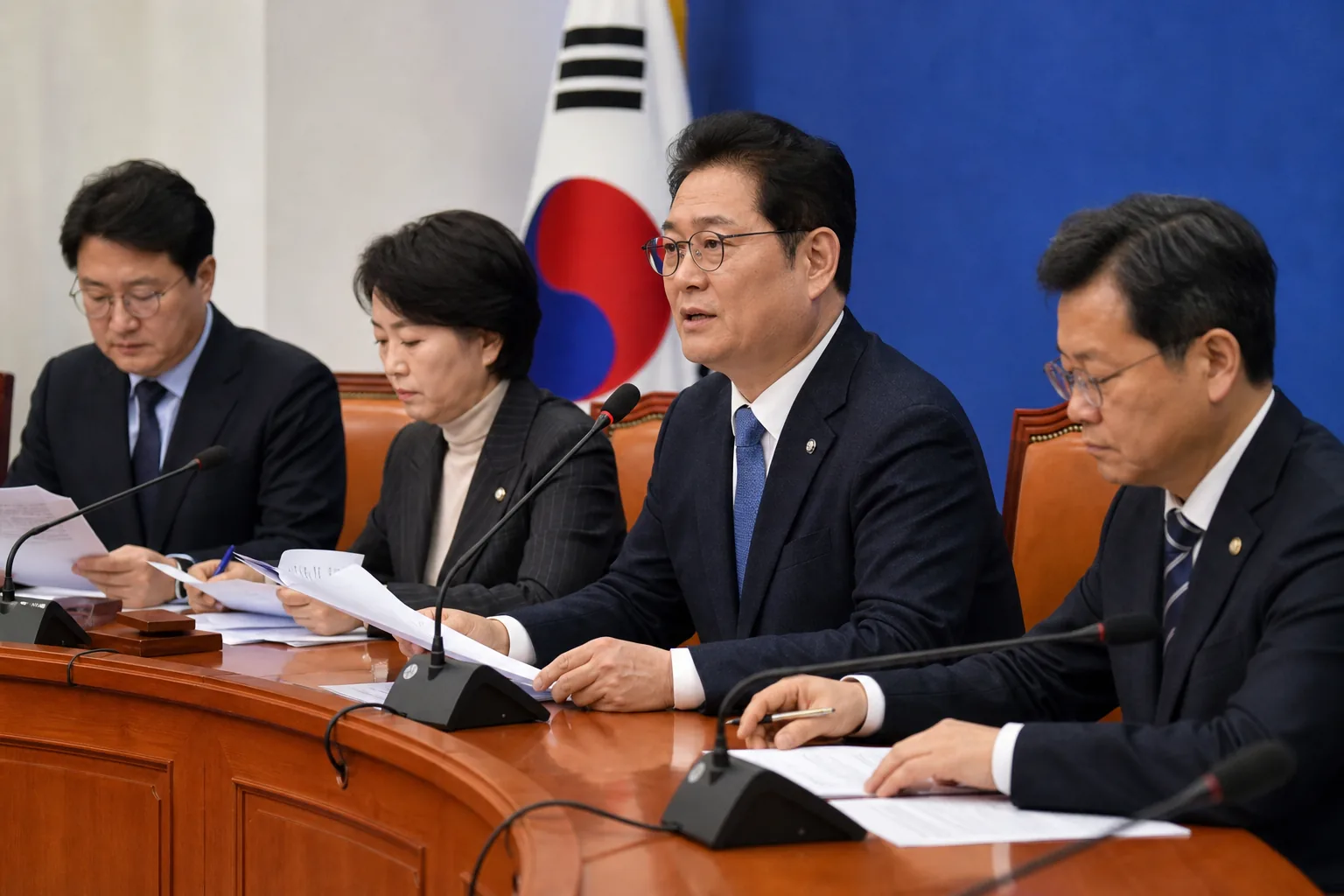 정당 회의에서 후보 자격 안건을 검토하는 지도부 이미지