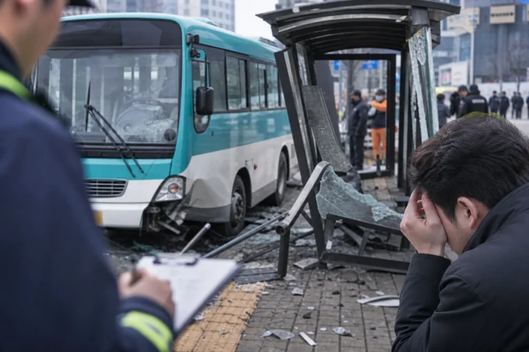 버스 정류장 교통사고 현장과 안전 통제를 상징하는 이미지